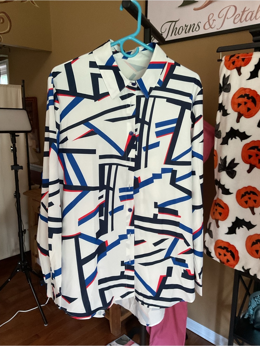 Geometric Print Button-Up Shirt Jacket - White with Blue & Black Lines